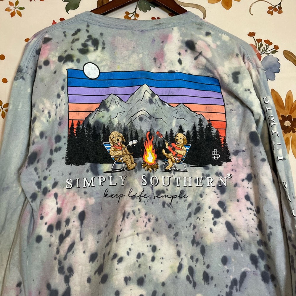 Simply Southern L Goldendoodle Bleach Dye Grunge Camping Long Sleeve Fall Tee - Picture 1 of 10